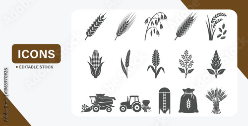 Agriculture crop and farming icon set featuring wheat, rice, corn, and agricultural machinery