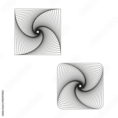 Abstract spiral set. Geometric square Vector. Minimalist line art. Optical illusion pattern. Manual vector only. No autotrace used.