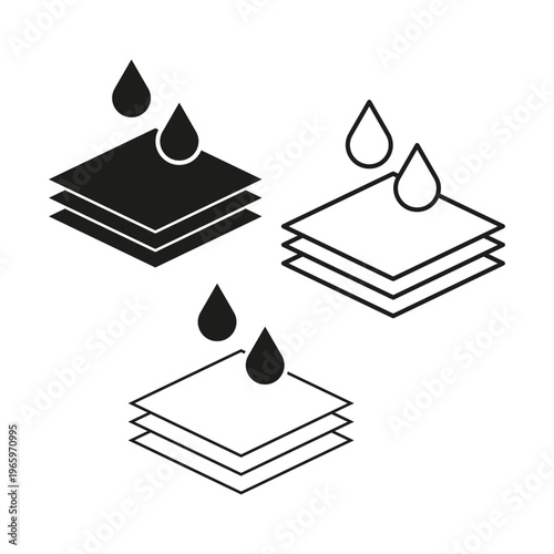 Waterproof layer set. Fabric Vector icon. Liquid drop symbol. Absorbent material variety. Manual vector only. No autotrace used.