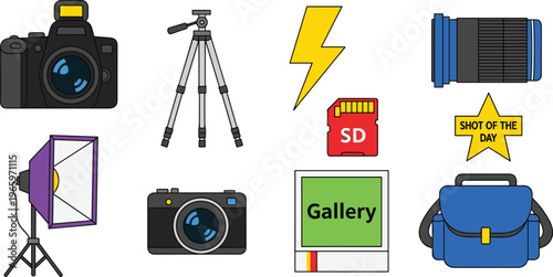 Photography Equipment and Camera Icons Set Featuring DSLR, Tripod, SD Card, Flash, and Camera Bag for Photography and Studio Use