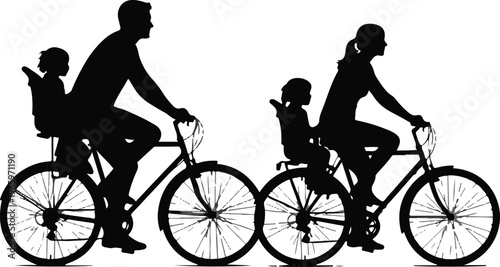 Family cycling silhouette with parents and children in bike seats isolated on white background