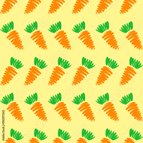 A seamless, hand-drawn pattern featuring stylized orange carrots on a yellow background