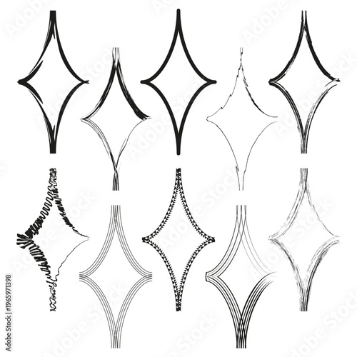 Diamond shape set. Textured border Vector. Distressed frame element. Graphic geometry style. Manual vector only. No autotrace used.