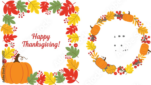 Happy Thanksgiving greeting card vector set with autumn leaf border and circular pumpkin wreath frame featuring colorful fall foliage and seasonal harvest elements.