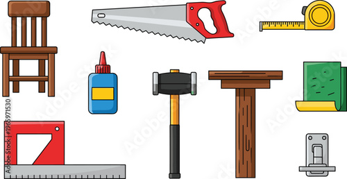 Woodworking and Carpentry Tools Icons Set Featuring Saw, Hammer, Chair, Glue, Measuring Tape, and Workbench for DIY Projects