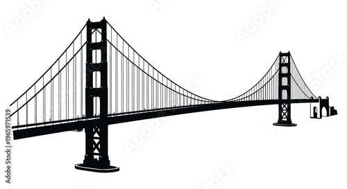 A striking black and white illustration of the golden gate bridge showcasing its iconic design presented as a silhouette high quality
