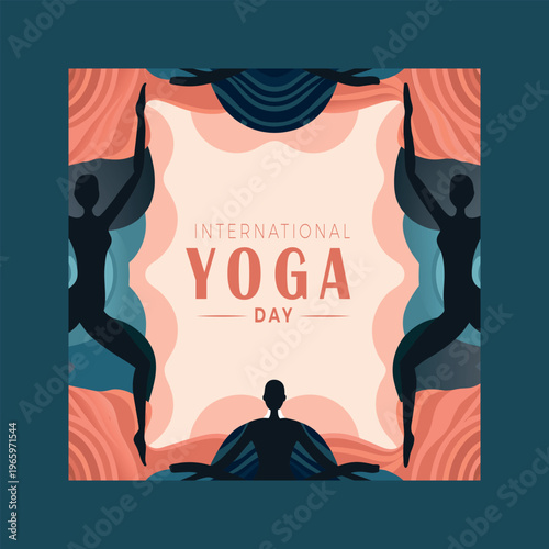 International yoga day poster with silhouette of people