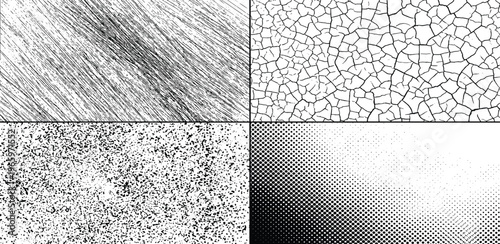 Abstract black and white texture pack with distressed lines, cracked patterns, grainy noise, and halftone dots, ideal for grunge effects and design overlays