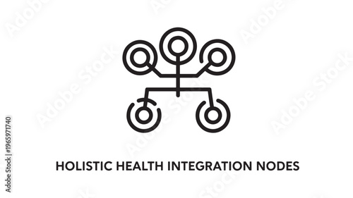 Clean and modern black line art depicting interconnected holistic health nodes, ideal for wellness, healthcare, and integrative medicine marketing materials, infographics, and educational content.