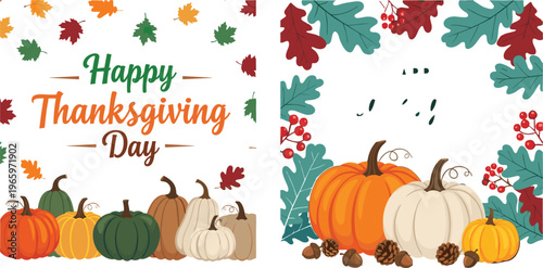 Happy Thanksgiving Day vector greeting card set featuring colorful harvest pumpkins with falling autumn leaves and rustic oak leaf border with acorns.