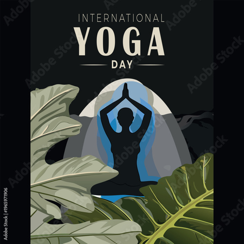 International yoga day poster with silhouette of a person in yoga pose