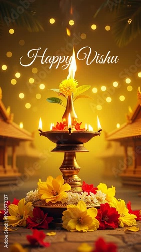 Vibrant Vishu Celebration with Traditional Lamp and Flowers