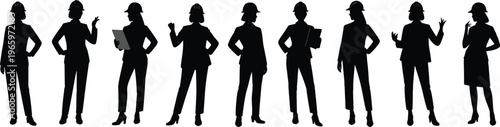 Silhouettes of diverse professionals in hard hats, engineers architects construction workers teamwork industry leadership technology innovation progress