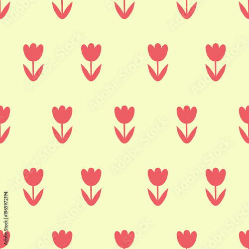 A seamless floral pattern with stylized red tulips on a yellow background