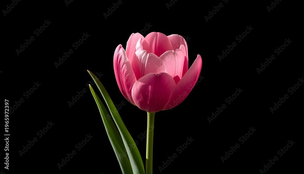 Fototapeta premium A solitary vibrant pink tulip flower stands elegantly upright showcasing its deep rich color and delicate petal texture against a pure stark black background in dramatic isolation