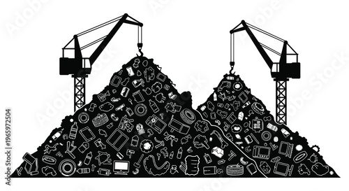 A stark depiction of waste and discarded technology forming a mountain framed by industrial cranes a powerful silhouette high quality