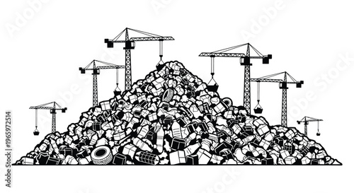 A stark black and white illustration depicts a mountain of trash surrounded by construction cranes a powerful silhouette high quality professional detailed