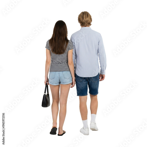 Rear view of a young casual couple walking together in summer outfits on transparent Background. Happy couple in casual summer clothes walking away, full-length back view. 
