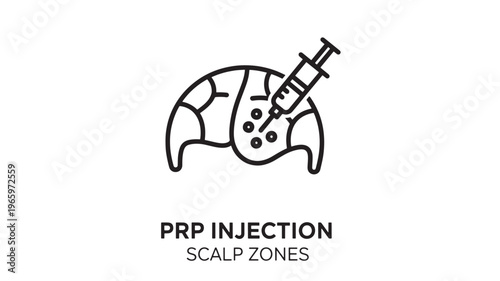 Minimalist black and white line art depicting PRP injection technique on scalp zones for hair regrowth therapy. Ideal for healthcare, wellness, and medical education materials.