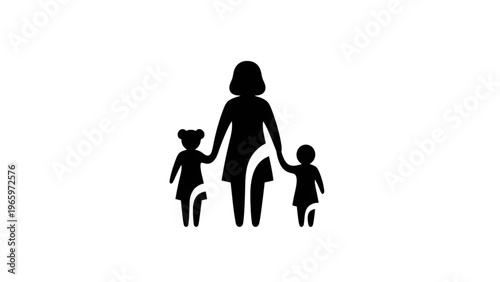 Black silhouette of a mother and her two little daughters holding hands
