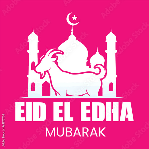 Eid el Edha Mubarak greeting card with mosque and goat