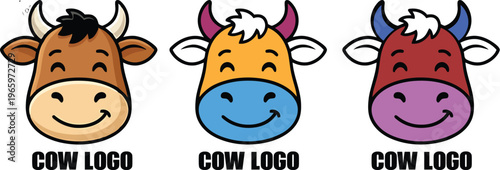 Three cartoon cow heads with different colors and smiling faces