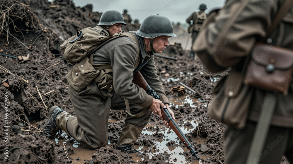 Fototapeta premium Group of soldiers in World War I uniforms in muddy terrain.