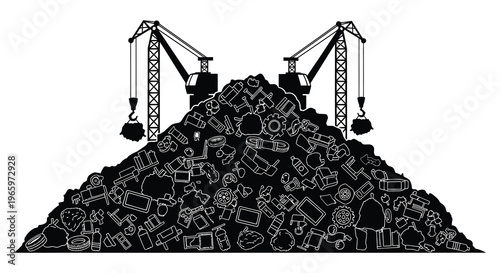 A detailed black silhouette depicts a heap of scrap metal suspended by two industrial cranes creating a stark contrast silhouette