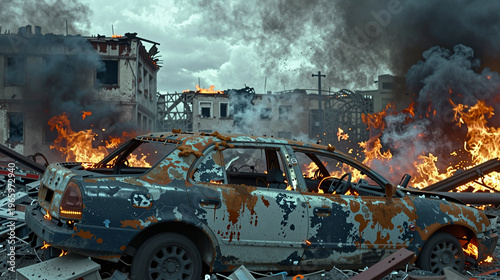 Burnt out car sits in the middle of a destroyed city.