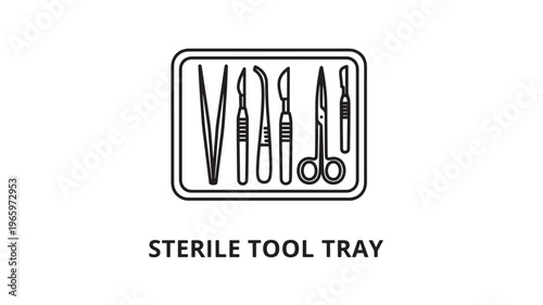 Clean and organized medical instrument tray featuring sterile surgical tools like scalpel, forceps, and scissors. Ideal for healthcare, medical education, and hospital marketing materials.