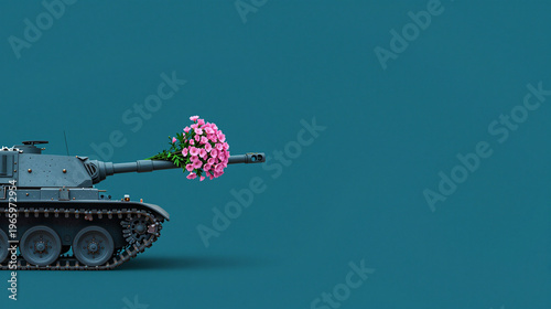 Tank with a bunch of flowers on its turret.