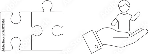 Minimalist puzzle pieces and child protection icon set, line art vector of hand holding a boy, concept of social support and problem solving