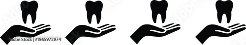 Set of four dentist icons showing a tooth being held in a human hand