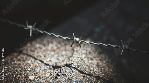 Close up of a barbed wire fence.