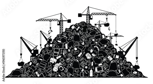 A stark illustration depicts construction cranes looming over a massive pile of waste a commentary on consumption silhouette high quality