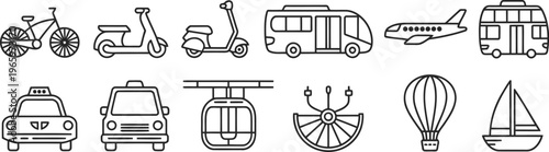 Set of modern transport line icons featuring various vehicles and travel methods