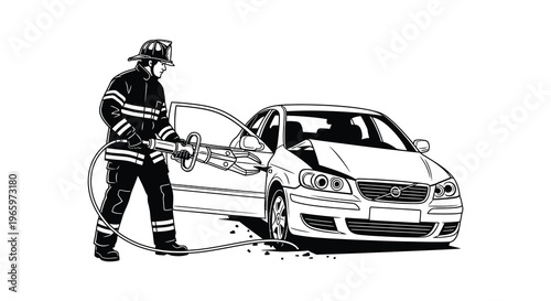 A firefighter uses the jaws of life to extract someone from a damaged vehicle depicted in silhouette high quality professional detailed