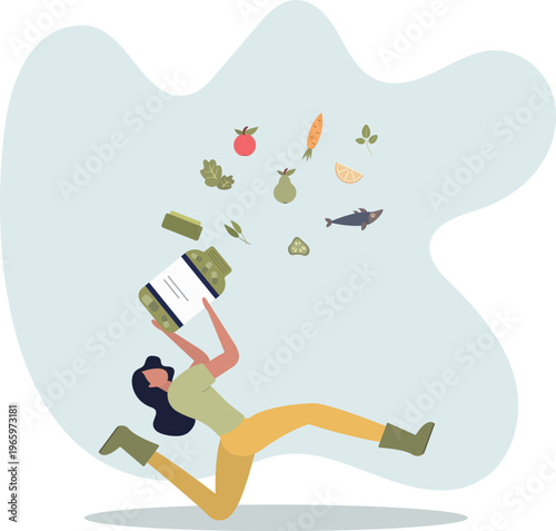 Healthy Lifestyle Concept . Woman Holding Jar of Green Vitamins with Nutritious Food