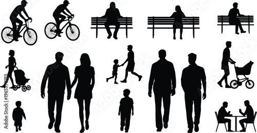 Silhouettes of people in urban public spaces, walking, cycling, sitting, interacting, family activities, everyday lifestyle illustration