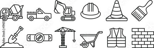 Construction site equipment and tools line icon set for building industry