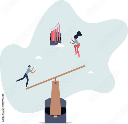 Business Partnership Growth Concept . Man and Woman on Seesaw Boosting Success Chart