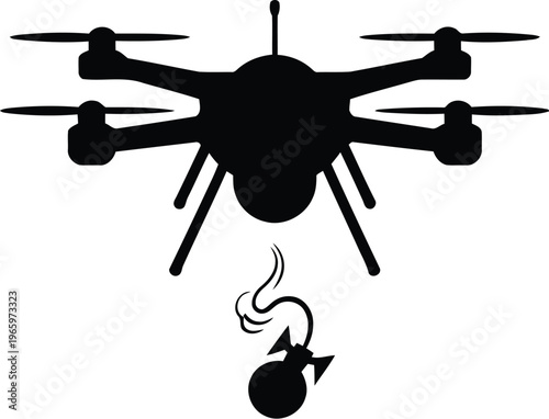 Black silhouette of a military combat drone carrying an explosive payload