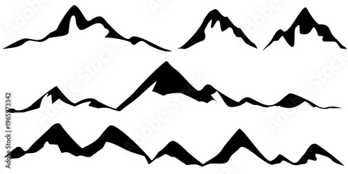Set of imaginary silhouettes of mountain hills, isolated flat on white background, vector