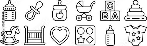 Set of baby care and nursery items icons for parenting and childcare design