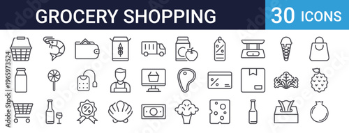 Grocery Shopping Icons Set of 30 Thin Line Vector