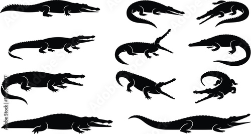 Set of black crocodile silhouettes in various dynamic poses for graphic design