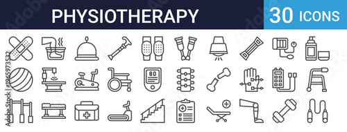 Physiotherapy Rehabilitation Set of 30 Thin Line Vector Icons