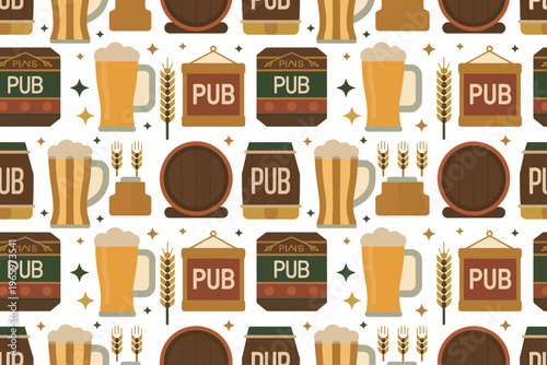Seamless pattern with beer mugs, pub signs, barrels, and wheat ears, representing pub culture.
