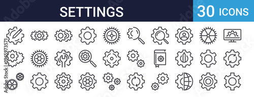 Settings Gear Icons Set of 30 Thin Line Vector