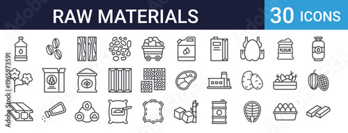 Raw Materials Icons Set of 30 Thin Line Vector